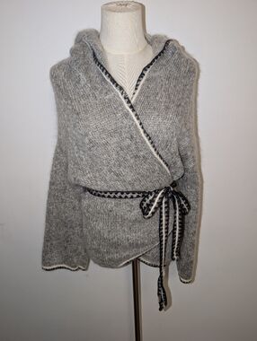 Stefanel Gray Hooded Wrap Cardigan with Black-Trim Tie Belt